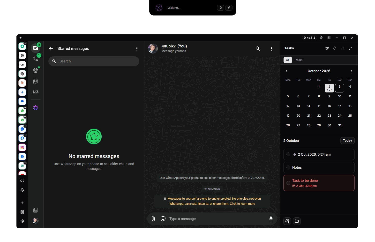 Dark-themed workspace showing a Gemini chat panel with an Ask Gemini input field and an encrypted Notes sidebar,